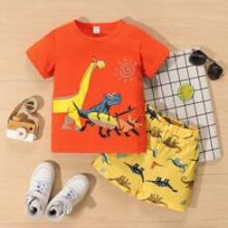 Shein Young Boys' Dinosaur Printed Short Sleeve Top And Shorts Set