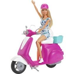 Barbie Doll Blonde & Pink & White Scooter with Kickstand & Teal Basket GBK85