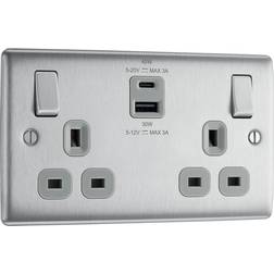 BG Bg nbs22uac45g brushed steel double socket with usb 45w type a & type c usb