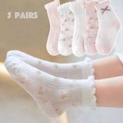 Shein 5pairs/Set Girls Kids Mesh High Elasticity Socks, Frilly Lace Hem Floral Trim Athletic Socks, Spring/Summer, Pink And White