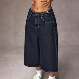 Shein Damen weite Capri Denim aus lockerem Denim mit Taschen