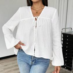 Shein Damen einfarbige Bluse mit Bindedetail, Frühling Herbst