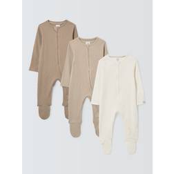 John Lewis Baby Cotton Two Way Zip Ribbed Cotton Sleepsuit, Pack of 3, Multi