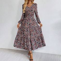 Shein Damen langes Maxikleid mit V-Ausschnitt und Glockenärmel, Hippie Kleid mit Blumen Ditsy Muster