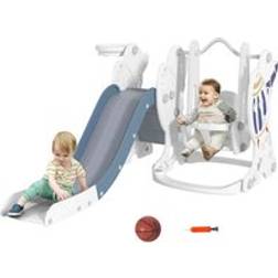 Aiyaplay Space-Themed Slide and Swing Set for Kids w/ Basketball Hoop, Blue