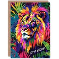 ARTERY8 Birthday Card Jungle Lion Vibrant Colourful Design For Him Dad Brother Son Papa Grandad Greeting Card Multi One Size