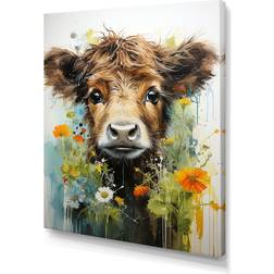 Design Art Brown Portrait Of A Cow In Bloom Brown/Multicolour Framed Art 24x32"