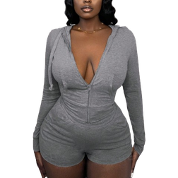 Shein Slayr Casual Street Style Gray Hooded Crop Top & Tight Shorts Two-Piece Set With Front Zipper - Z