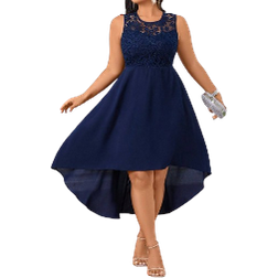 Shein Belle Plus Size Solid Color Lace Splicing Asymmetrical Hem Dress
