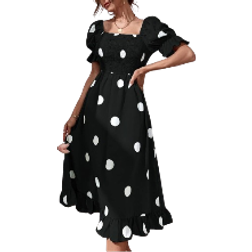 Shein Frenchy Polka Dot Print Puff Sleeve Shirred Ruffle Hem Dress