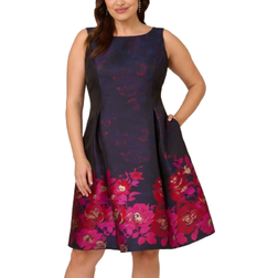 Adrianna Papell Plus Size Jacquard Midi Dress With Metallic Floral Trim - Navy Pink Multi