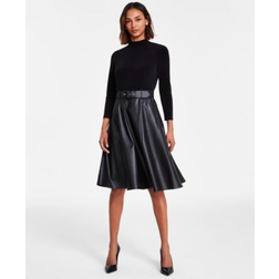 Calvin Klein Women's Faux-Leather-Skirt A-Line Dress Black