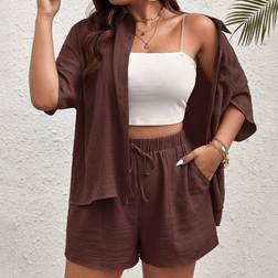 Shein Große Größen Stücke Set für Damen mit einfarbigem, schlichten, kurzärmeligen Top und Shorts für Lässig