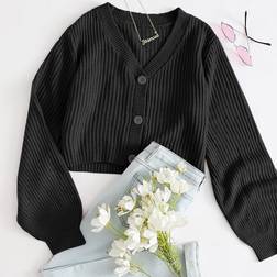 Shein Autumn And Winter Loose And Casual Black V Collar Long Sleeves Ribbed Knit Button Front Cardigan