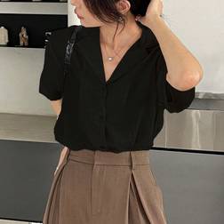Shein Damen Einfarbige Lässige Kurzarm Bluse mit Kragen, Outfit für Lehrer