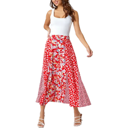 Roman Ditsy Floral Print A Line Midi Skirt - Red