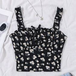 Shein Teenage Girls Knit Floral Patterned Ruffle Hem Casual Tank Top