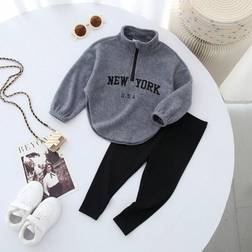 Shein Baby Girl Cute Letter Pattern Fleece Stand Collar Top And Elastic Waist Pants Set AutumnWinter