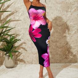 Shein Sommerurlaub Strandkleid für Frauen mit Regenwald Motiv, figurbetonter langer Schnitt, rückenfreies Design mit Blumen Spaghettiträger
