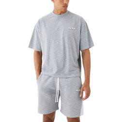 boohooMAN Men's Oversized Boxy Contrast Stitch T-shirt Gusset Shorts Set - Grey Marl