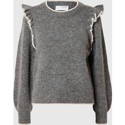 Selected Femme Alva Frills Ls Knit O-Neck Grey Melange/Birch