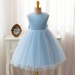 Shein Girls Blue Sleeveless Pearls Bow Tie Mesh Party Dress Suitable For Summer WeddingBirthday EventsPerformances
