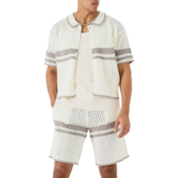 boohooMAN Relaxed Open Stitch Statement Stripe Knitted Short - Stone