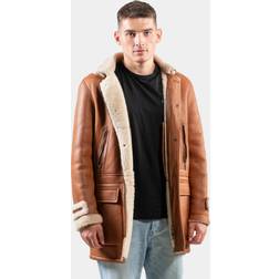 Classic Tan Leather Hooded Shearling Trench Coat