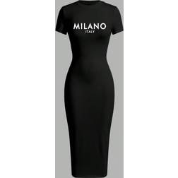 Shein Casual Minimalist Milano Text Graphic Short Sleeve Fitted Midi Dress Summer