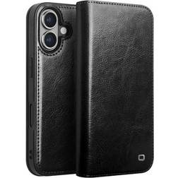 Qialino iPhone 16 Classic Läder Plånboksfodral Svart