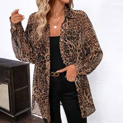 Shein Womens Elegant Leopard Print Chiffon Open Front Loose Long Sleeve Blouse