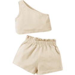 Shein Baby Girl Asymmetrical Shoulder Solid Color Sleeveless Top And Shorts Two Piece Set