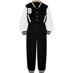 Shein Girls Casual Fashion College Commute Simple Street Style Embroidered Letter Patch Fleece Jumpsuit