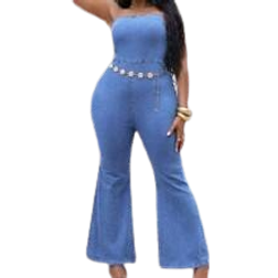 Shein SXY Plus Size Women Sexy Stretchy Denim Overalls Strapless Skinny Flared Jeans Blue