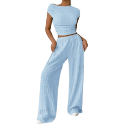 Shein EZwear 2pcs Women Plain Texture Top And Pants Set