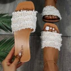 Shein Fashion White Sandals For Women, Faux Pearl Decor Slide Sandals