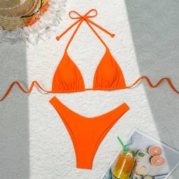 Shein Womens Solid Color Halter Neck Tie Two Pieces Bikini Set Bathing Suit For Summer Beach