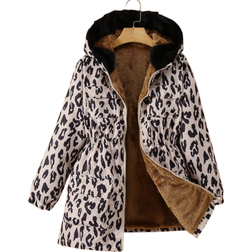 Shein Girls Leopard Print Hooded Multi-Pocket Fleece Lined Windbreaker