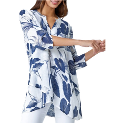 Roman Palm Print V-Neck Wrap Hem Tunic Top - Navy