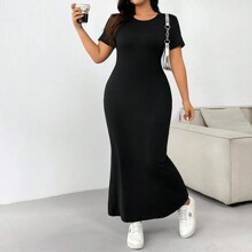 Shein Plus Women's Summer Solid Color Round Neck Short Sleeve Asymmetric Hem Long Casual Dress