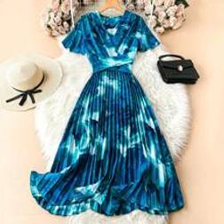 Shein Futuristic Floral V-Neck Ruffle Puff Sleeve Bow-Tie Cinched Waist High-Low Hem Long Dress For Tall Women, Summer