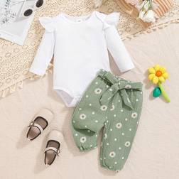 Shein Autumn And Winter New Baby White Ruffle Long Sleeve Daisy Floral Trousers TwoPiece Set Of Baby Girl Clothes