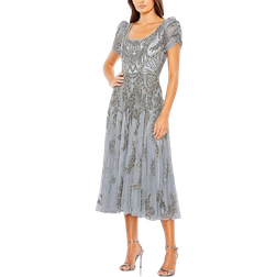 Mac Duggal Short Sleeve Beaded A-line Tea Length Dress - Silver