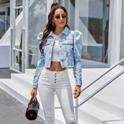 Shein Puff Sleeve Flap Pocket Button Up Denim Jacket