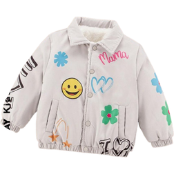 Shein Young Girl Winter Warm Thicken Padded Coat With Floral Letter Printed Detachable Cuffs & Hem, Fleece Lining