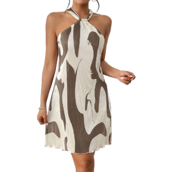 Shein Privé Women's Elegant Vacation Casual Backto School Pleated Halter Mini Dress, Summer Beach Women Cocktail Dress Short Outfits