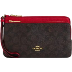 Coach Double Zip Wallet - Signature Canvas/Gold/Walnut/Bold Red