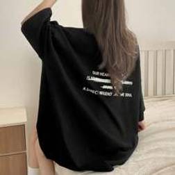 Shein Women's Summer Loose Fit Round Neck Drop Shoulder Sleeve Casual T-Shirt With Slogan Print