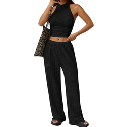 Shein EZwear Black Knit Sleeveless Backless Top & Elastic Waist Skinny Pants