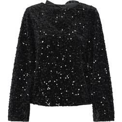 Pieces Kam Sequins Bow Long Sleeved Top - Black